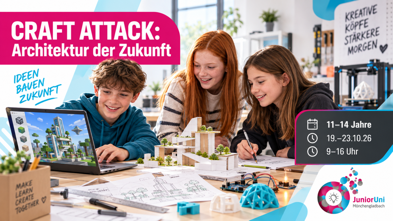 Jugendliche entwickeln bei Craft Attack ein nachhaltiges Architekturmodell mit Minecraft, 3D-Druck und Elektronik.
